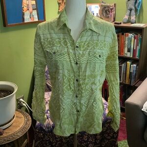 Chicos Tribal Fish Print Button Front Collared Blouse Size Large